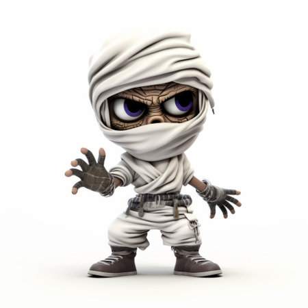 little spooky ghost figure in the style of marvel comics, desertwave, and character caricatures. this 3d animation showcases a full-body representation of the ghost, featuring aggressive quilting and a white color scheme. the design draws inspiration from the artistic movements of hurufiyya, resulting in a unique and captivating visual. ai generatedの素材