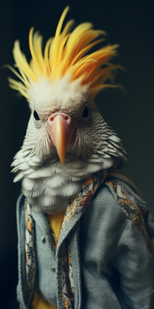 a cockatoo wearing a vintage cinematic-inspired red and black jacket poses for self-portraits. the light silver and yellow tones enhance the corporate punk aesthetic, while the dark teal and light orange accents add a touch of elegance to the exquisite clothing detail. captured on cinestill 50d film. ai generatedの素材