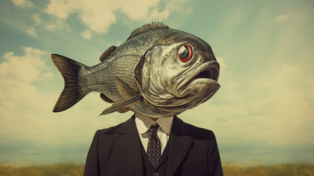 a businessman, wearing a fish costume with a dj on his head, is captured in a hyperrealistic wildlife portrait. this surreal collage combines contemporary vintage photography with hidden meanings, reminiscent of surrealist landscape paintings. the conceptual art piece showcases the artist's skill in cross-processing techniques, resulting in a visually striking and thought-provoking image. ai generatedの素材