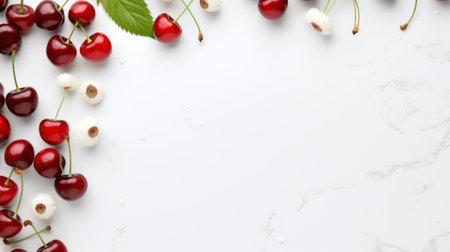 cherry, grape, and lime fruits, along with their leaves, are beautifully arranged on a light white and red marble background. this simplistic design by jonathan wolstenholme, featured on the helsinki school website, showcases nature-inspired compositions. the image offers copy space for additional content. ai generatedの素材