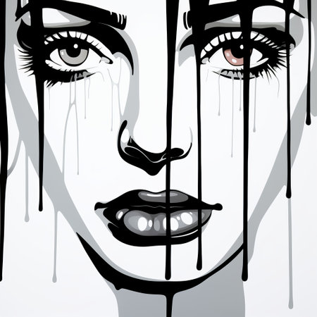 artistic girl with black and white eye shadows and red lips, showcasing a drip painting style. the cartoonish character design features frontal perspective, elegant and emotive faces, and hard-edged lines. the paint dripping technique adds a melting effect to the overall composition. ai generatedの素材