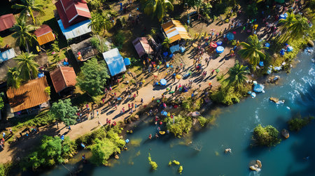 colorful aerial footage showcases the traditional vietnamese villages in khmer park, captured in the artistic style of the sigma 105mm f14 dg hsm art lens. this celebration of rural life, featured in an associated press photo, captures candid moments and the vibrant atmosphere of the villages. the image has been cross-processed, adding a unique touch to the visual composition. ai generatedの素材