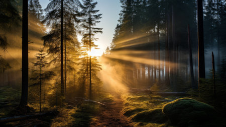 aerial view of a misty boreal forest at dawn, with soft rays of sunlight breaking through the fog. in the distance, a powerful software development glides gracefully, its searchlight piercing through the mist. this captivating photo showcases the ethereal beauty of the sky and the harmonious presence of advanced software development in nature. ai generatedの素材