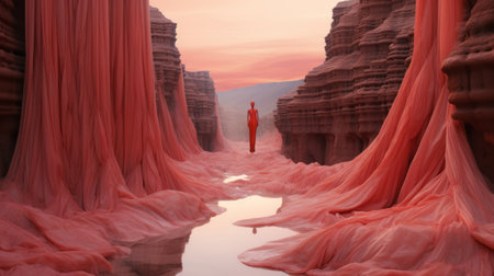 a man stands in the red canyon, surrounded by flowing fabrics in shades of light pink and pink. the surrealistic futuristic style of the scene, rendered in cinema4d, creates a captivating atmosphere. this large-scale photograph showcases the realistic depiction of the human form against classical landscapes, offering a unique and visually stunning composition. ai generatedの素材