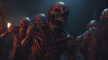 a hyper grainy and hyper detailed film still from a 1980s grindhouse movie. the dark scene, shot in the night, captures a disgusting monster in a punk art style. the image, reminiscent of a gritty panos cosmatos movie, showcases a necronomicon demon warrior. with a 4k resolution and 8mm aesthetic, this 70s horror film-inspired photograph is a blend of realism and artistry. ai generatedの素材