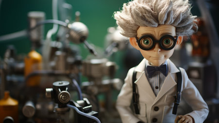 a toy figure sits in a lab surrounded by an array of equipment, reminiscent of the animated film pioneer style. the macro photography captures the intricate details, including the toy's shiny eyes and hyperrealistic precision. the twisted characters and biedermeier aesthetics add a unique touch to this optical masterpiece. ai generatedの素材