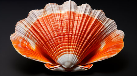 the orange and white scallop shell of a scallop, captured by emmanuelle francolina in the style of hasselblad h6d-400c, showcases the influence of ancient chinese art. the light red and dark emerald hues add depth to this national geographic photo, highlighting its cultural symbolism. with its unpolished authenticity and baroque maritime charm, this image captures the essence of the sea. ai generatedの素材