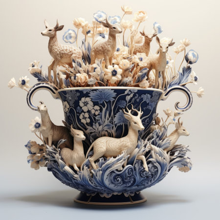 a porcelain bird vase and ceramic deer sculptures are available for sale. these sculptures are crafted in the style of lush baroque still lifes, featuring intricate underwater worlds. the color palette includes light navy and light brown, creating detailed and layered compositions. the sculptures are realistically rendered, celebrating rural life with a symmetrical arrangement. ai generatedの素材