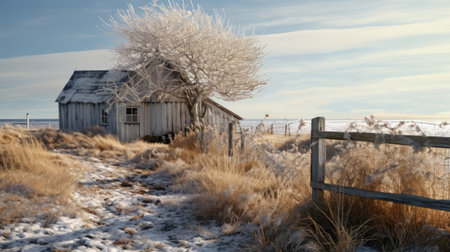 isolated home at the coast, depicting rural life in a romanticized country style. this snow scene captured with the tamron 24mm f/2.8 di iii osd m12 lens showcases soft and airy compositions, layered fibers, and embodies the essence of prairiecore. ai generatedの素材