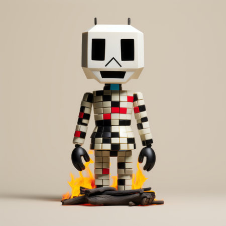 a large robot figure stands amidst a blazing fire, positioned in front of a brick wall. the artwork showcases a colorful minimalistic style, featuring monochromatic white figures with a skeletal appearance. the adorable toy sculptures resemble a mosaic-like composition, while the robot figure appears burned and charred, reminiscent of the zbrush technique. ai generatedの素材