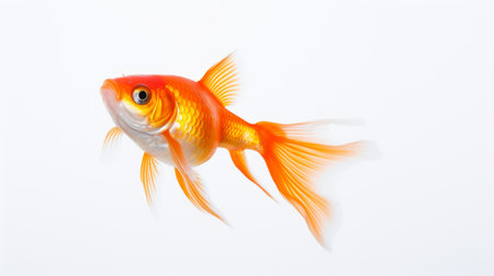 a gold fish swimming gracefully in a hyperrealistic style, captured with the tokina opera 50mm f14 ff lens. this stunning animal portrait showcases the intricate details of the fish's scales and the vibrant colors of its surroundings. the soft shading and bright, bold colors create a powerful symbolism, while the white background adds a touch of elegance to the composition. ai generatedの素材