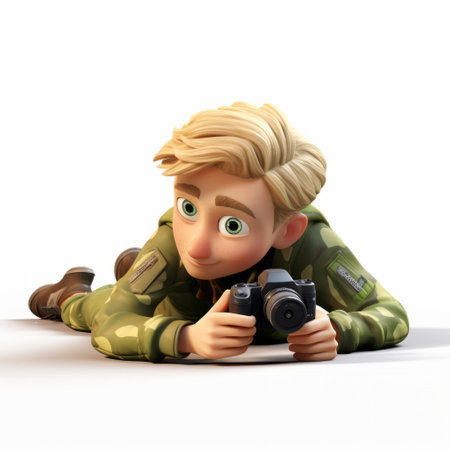 a cartoon cameraman, inspired by the realistic lifelike figures of kris knight, is depicted holding a camera. this childlike illustration combines elements of war photography and photo-realistic hyperbole. the cameraman's beige attire adds to the overall aesthetic of the image. ai generatedの素材