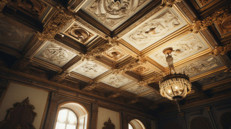 the ceiling of an old castle showcases ornate decorations in the style of marta bevacqua. bathed in golden light, the wealthy portraiture and golden age aesthetics come to life. carved wood blocks add a touch of elegance, while the zeiss ikon zm captures the intricate details. the interplay of light, white, and dark gold creates a captivating ambiance. ai generatedの素材