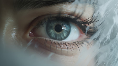 a woman's eye is being immersed in water, showcasing a mesmerizing blend of vray tracing, ethereal portraits, and shige's visual aesthetic style. the light teal and gray tones create an eerie yet realistic atmosphere, while the soft-focus technique adds a touch of ethereality to this photorealistic eye. ai generatedの素材