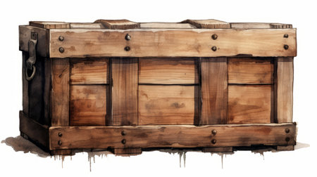 a wooden box, reminiscent of architectural details, appears to be floating in mid-air on a white background. the image is created in the style of realistic watercolor paintings, showcasing its raw character and texture-based aesthetic. this captivating photo is available under the creative commons attribution license and is associated with keywords such as frostpunk, handwoven textiles, and creativity. ai generatedの素材