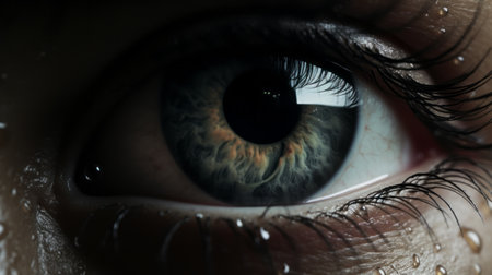 an eye with water droplets, rendered in unreal engine, showcasing realistic renderings of the human form. this uhd image captures the ethereal horror and mechanical realism, creating an eerily realistic depiction. a national geographic photo that mesmerizes with its intricate details and haunting beauty. ai generatedの素材