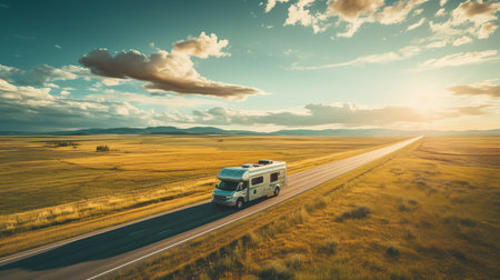 rv traveling on road during sunrise with road in between mountains at sunset. this high-quality stock photo captures the classic americana vibe, featuring a panoramic scale and a color scheme in dark teal and light teal. the installation-based composition and solarizing master technique enhance the visual appeal of this stunning image. ai generatedの素材