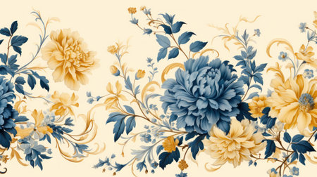 blue and yellow flowers, reminiscent of rococo extravagance and traditional chinese painting, are beautifully printed on paper. the delicate combination of light black and light beige creates a luxurious feel, while the imitated material adds to the overall elegance. the flowers are surrounded by decorative borders and set against decorative backgrounds, enhancing their visual appeal. ai generatedの素材