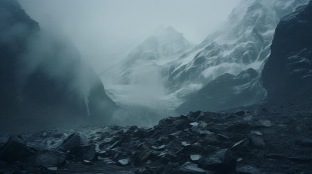 mountaineer driving through mist-covered mountains, captured with the zeiss milvus 25mm f/1.4 ze lens. the photo showcases a matte painting style, featuring organic formations and a color palette of dark teal and dark gray. inspired by frostpunk and landscape aesthetics, the image portrays a rugged landscape with creased, crinkled, and wrinkled textures. ai generatedの素材