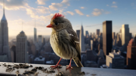 a bird perches on a ledge overlooking a city building, showcasing a unique blend of corporate punk and photo-realistic hyperbole. this captivating image captures the essence of nyc explosion coverage, with a touch of inspiration from cicely mary barker's artwork. the photograph, found on flickr, is a creation by the talented photographer john wilhelm, featuring a striking combination of light gray and red tones. aiの素材