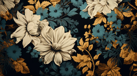 floral wallpaper on black featuring dark gold and sky-blue elements, evoking a sense of nostalgic romanticism. created by artist ahmed morsi, this piece showcases a realistic usage of light and color, with dynamic combinations of dark white and blue hues. the realistic color schemes add depth and visual interest to the overall design. ai generatedの素材