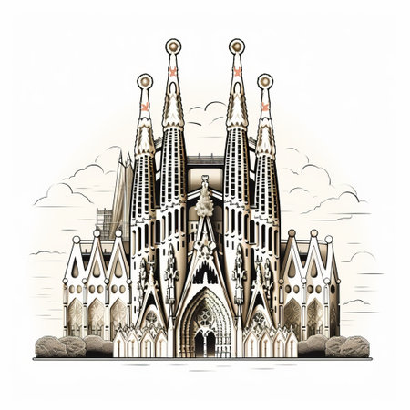the sagrada familia church in barcelona is depicted in this vector illustration. the artwork showcases a surrealistic style with a combination of dark white and light bronze colors. the image features arched doorways, intricate miniatures, and symmetrical arrangements, inspired by gothic pop surrealism. the artist's technique resembles that of a surrealist draftsman, reminiscent of the die brucke movement. ai generatedの素材