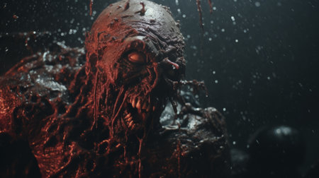 a hyper grainy blacklight photo captures a dark scene in the night, resembling a film still from a gritty panos cosmatos movie about a necronomicon demon warrior. the photo showcases intricate but simple punk art, with chromatic aberration, grain, and a glowing, melting claymation lord. this 4k image has a 1970s japanese horror claymation movie poster vibe, reminiscent of a 70's horror film featuring aの素材