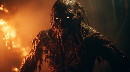 a hyper grainy and hyper detailed film still from a 1980s grindhouse movie featuring a disgusting monster in a dark scene. this punk art-inspired photo captures the essence of a gritty panos cosmatos movie about a necronomicon demon warrior. with its blacklight effect and bloom, the image exudes a sense of realism. the 4k resolution and 8mm film aesthetic add to the overall grainy andの素材