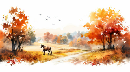 a horse gracefully crosses a road in the fall, depicted in a charming and idyllic rural scene. this delicate watercolor illustration, inspired by chinese painting, showcases lush landscape backgrounds with vibrant yellow and orange hues. the 32k uhd resolution captures the beauty of pastoral landscapes in stunning detail. ai generatedの素材