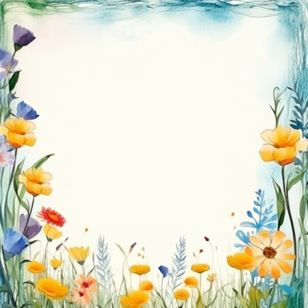 a watercolor floral frame background featuring a poetic interpretation of pastoral scenes. the style combines light sky-blue and dark yellow hues, creating a colorful and vibrant atmosphere. elaborate borders add an artistic touch to this large canvas painting, which was the winner of a contest. ai generatedの素材