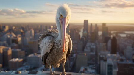 a pelican perches on a city rooftop, overlooking a grand mansion in new york city. the 8k resolution image captures the pelican's expressive face, showcasing its light pink and light brown feathers. the close-up shot adds intensity to the scene, while the action-packed cartoons in the background enhance the dynamic cityscape. immerse yourself in this captivating urban moment. ai generatedの素材