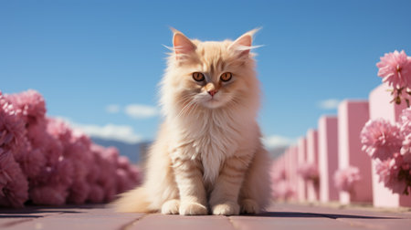 a cat stands gracefully amidst a vibrant display of pink flowers, with a picturesque path leading towards pink trees in the distance. this stunning scene, rendered in cinema4d, showcases realistic blue skies and a color palette of light amber and beige. the soft-focus portraits highlight the intricate details of the cat's fur and feathers, reminiscent of a persian miniature. the overall effect is smooth andの素材