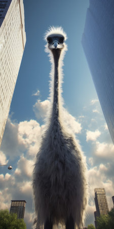 an ostrich stands tall in a park near a city, portrayed in a cinema4d rendering style reminiscent of james nares. the gravity-defying architecture and furry art create a captivating scene against the smokey background. the low-angle perspective adds depth, while the touch of nicolas delort's artistic influence adds a unique touch to the image. ai generatedの素材