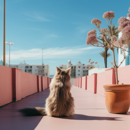 a cat gazes up at the sky while standing on a bridge. the photo captures a naturalistic cityscape with a pink and brown color scheme. the image tells a narrative-driven visual story, inspired by the mediterranean. shot with a konica big mini camera, the photo features a light azure and brown palette, enhanced by ray tracing. ai generatedの素材