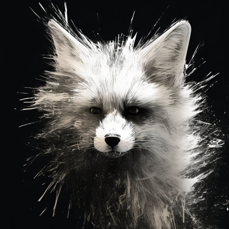 a fox with sprinkles on its face, captured in a solarization effect, showcasing a dark white and black color palette. this action painter-inspired image features a minimalistic portrait of the fox, reminiscent of vladimir tatlin's artistic style. the use of liquid metal adds a unique touch to the composition, while ebru sidar's influence can be seen in the overall aesthetic. ai generatedの素材