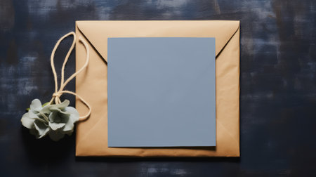 a mogak postcard is displayed on a wooden tablet, showcasing an elegant use of negative space. the design features a logo in light gold and dark azure, complemented by luxurious drapery. packed with hidden details, this visually stunning postcard is rendered using octane render, with a color palette of dark gray and light gray. ai generatedの素材