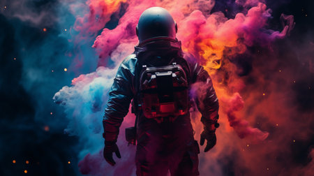 a spaceman, in a moody and evocative setting, approaches his helmet and releases vibrant ink into the background. this interactive experience showcases bold color fusions and a bright, atmospheric palette. shot on 70mm, the image captures the spaceman's actions against a dark and captivating backdrop of atmospheric clouds. ai generatedの素材