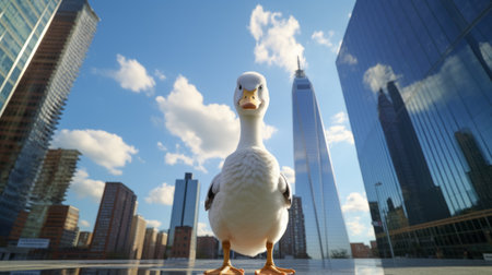 a goose standing in front of a cityscape, featuring tall buildings and a bustling urban environment. the photorealistic rendering captures the essence of life in new york city, with a low-angle shot adding depth and drama. this artwork, inspired by the styles of daz3d and miki asai, was created using cinema4d for a stunning visual effect. ai generatedの素材