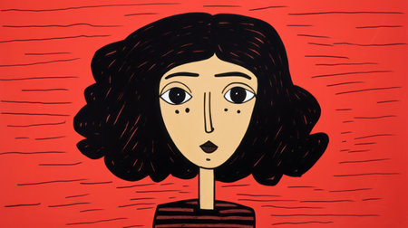 a woman with long black hair is depicted in a drawing, wearing a red plaid shirt. the artwork showcases elements of naive expressionism, chiaroscuro woodcuts, striped painting, bold and expressive portraits, cartoonish caricatures, himalayan art, and blink-and-you-miss-it detail. ai generatedの素材