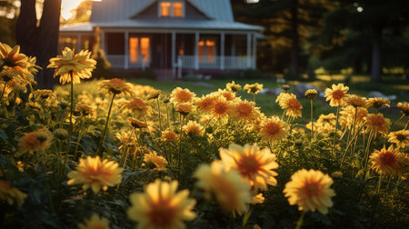 dainty dahlias bloom gracefully as the sun sets, creating a charming and idyllic rural scene. the dark yellow hues of the flowers are beautifully enhanced by the enchanting lighting. this captivating image captures the essence of cabincore and cottagepunk aesthetics, showcasing vernacular architecture in stunning 32k uhd resolution. ai generatedの素材