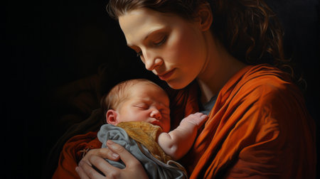 an oil painting depicting two women with a baby, inspired by the style of jessica drossin. this reimagined religious artwork showcases a combination of dark orange and dark gray tones, creating a visually striking composition. the painting exhibits realistic hyper-detail, reminiscent of the works of jonathan wolstenholme, while also incorporating a gentle lyricism through digitally enhanced elements. ai generatedの素材