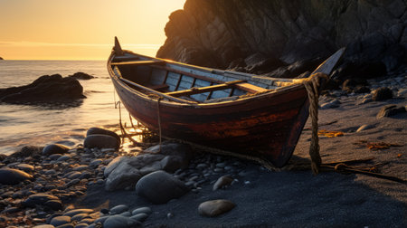 a timecard photo captured with diffused, golden light that casts a soft glow, reducing harsh shadows and allowing for smooth transitions between colors. the light comes from the right, creating a subtle play of light and shadow on the rocks and boat, adding depth and dimension. technical settings include an aperture of f/11 for clarity, a shutter speed of 1/30s to capture subtle wave movement,の素材