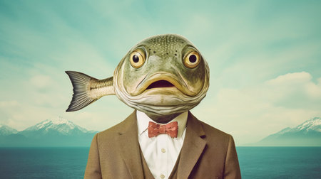 a digitally enhanced photograph featuring a fish head adorned with a tie and a bow tie, inspired by the artistic styles of joel robison, seapunk, stereotype photography, erik johansson, and john holcroft. this cryptid academia-themed image combines elements of fantasy and surrealism, creating a unique visual experience. ai generatedの素材