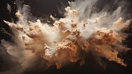 a 3d image captures the mesmerizing sight of white powder bursting, accompanied by a smoke effect. the image showcases a unique blend of dark beige and orange tones, reminiscent of ethereal cloudscapes. with elements of apocalyptic collage and baroque exuberance, this close-up shot is a testament to the creativity of the installation creator. the high-definition image offers a truly immersive experience. ai generatedの素材