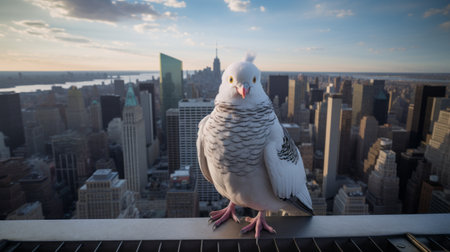 a bird perches on a new york cityscape-inspired object, embodying the essence of pigeoncore. this candid photojournalistic shot captures the bird's intense gaze against a backdrop of iconic pop culture references. the white and azure hues contrast beautifully with the light pink and gray tones, creating a visually captivating image. ai generatedの素材