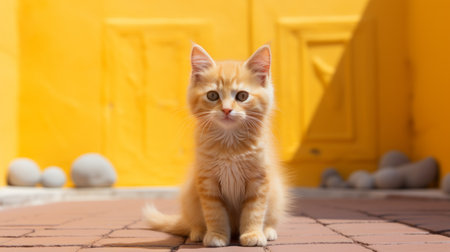 orange kitten sitting in the center of a brick walkway under a bright yellow house. the photo is captured in the style of soft-focus portraits by michael malm, featuring a combination of light yellow and light red hues. the shallow depth of field adds a classic and exotic touch to the image. ai generatedの素材