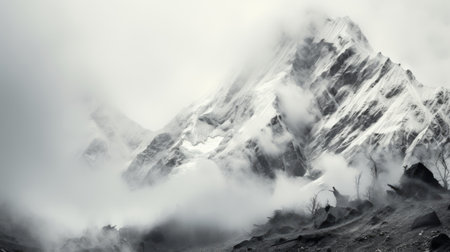 the mountain, shrouded in white clouds and snow, resembles intricate black and white illustrations. the misty atmosphere adds to the ethereal beauty of this national geographic photo. with elements of himalayan art, this uhd image captures a dreamscape portraiture, creating an atmospheric ambience that is truly captivating. ai generatedの素材