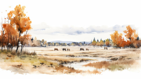 a big painting of an open field with brush in the trees, capturing the essence of norwegian nature. this watercolor illustration showcases realistic equine paintings in a mid-century style. the use of a leica m10 camera adds a touch of sophistication to the sparse and simple composition, while animal figurines bring a playful element to the scene. ai generatedの素材