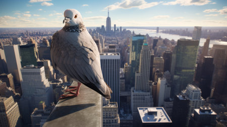 a pigeon perched on the edge of a new york city apartment building, captured in a lifelike rendering by artist david nordahl using cinema4d. this stunning image showcases the cityscape backdrop and pays homage to the intricate taxidermy work of santiago calatrava. an associated press photo that combines artistry and urban aesthetics. ai generatedの素材