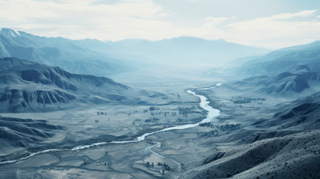 a river flows through the majestic mountains, creating a picturesque scene in shades of light cyan and gray. this stunning photograph captures the beauty of nature in high-resolution 8k, showcasing global imagery. with a touch of nostalgia, it evokes the charm of rural life and transports you to a different era, reminiscent of the eastern zhou dynasty. ai generatedの素材
